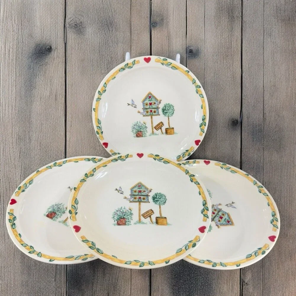 Thomson Pottery Birdhouse Plate Dish Birds Red Hearts Bluejay Set 4 Ceramic‎ 6in